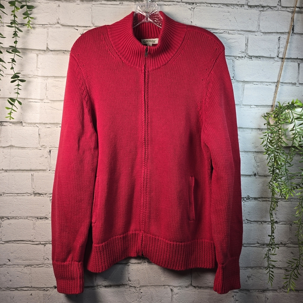ORVIS CHERRY RED FULL ZIP CARDIGAN MOCK NECK 100% COTTON WOMENS XL EUC